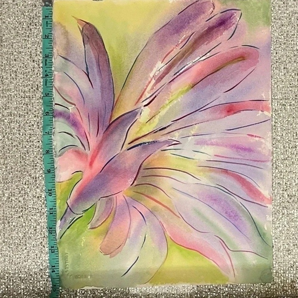 Original Abstract Floral Watercolor Painting Purple Pink Green 11x15 Wall Art - Picture 4 of 5
